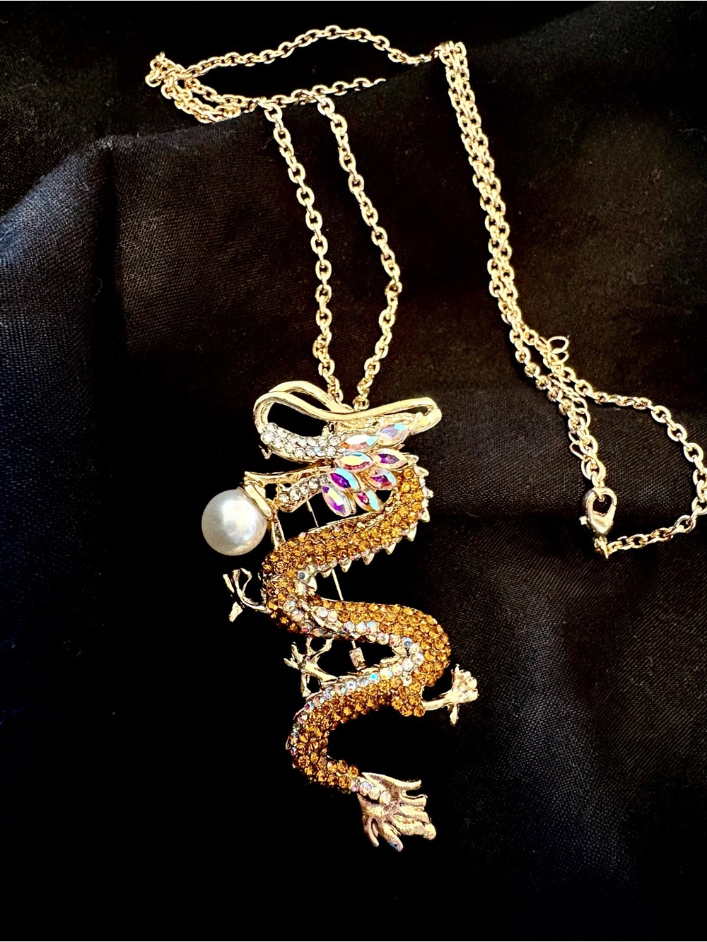 Gold Dragon Pendant Necklace with Pearl Accent - Women Jewelry